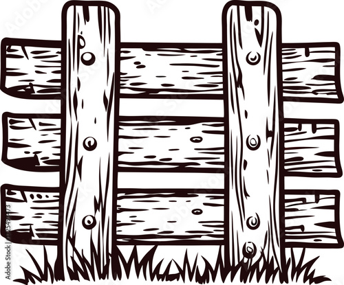 Hand drawn wooden fence illustration with grass in vintage engraved on white background