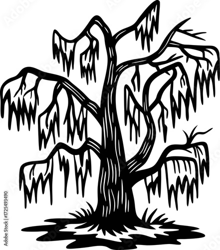 Silhouette of twisted willow tree with drooping branches and hanging leaves isolated on white background illustration