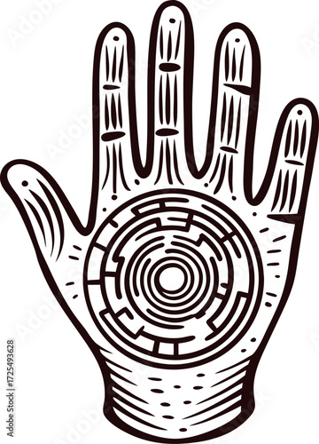 Engraved illustrated human hand with intricate circular labyrinth pattern on palm, vintage mystical design isolated