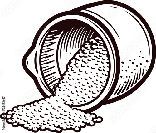 Vintage hand drawn ceramic bowl tipped over with coarse salt or grain spilling out, black and white sketch illustration