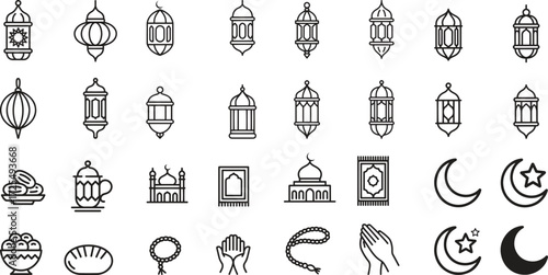 Ramadan line icons set. mosque, crescent, prayer, fasting. editable stroke. vector illustration