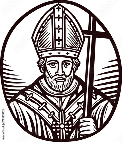 Hand drawn engraved illustration of medieval bishop holding cross religious saint figure in traditional vestments