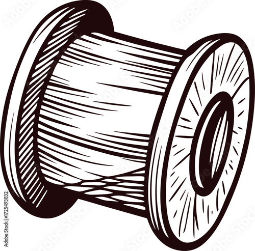 vintage engraved wooden thread spool hand drawn illustration isolated on white background