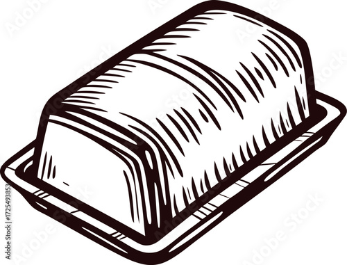 Hand drawn butter dish with lid vintage engraved illustration of butter tray on serving plate isolated on white
