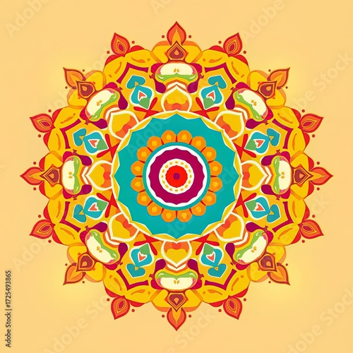 Colorful Flat Vector Rangoli Mandala Design with Diya Oil Lamps