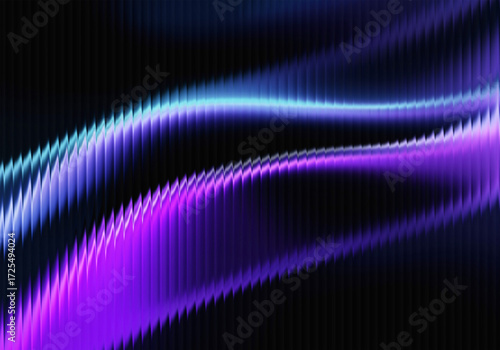 Abstract futuristic background with flowing neon purple and blue light waves, showcasing vibrant energy and digital data streams on a dark textured surface