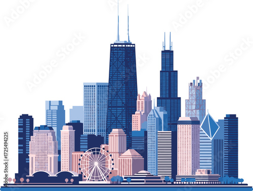 Chicago skyline illustration, modern cityscape art, iconic architecture, Willis Tower, Navy Pier, urban silhouette, blue pink palette, USA landmark