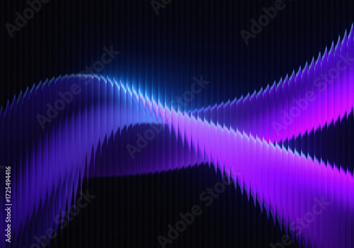 Abstract futuristic background with a glowing purple and blue digital wave, a dynamic stream of light energy with jagged edges