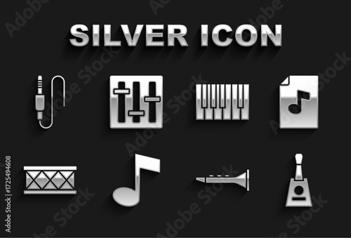 Set Music note, tone, book with, Balalaika, Clarinet, Drum, Grand piano, Audio jack and Sound mixer controller icon. Vector