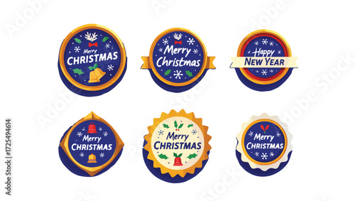 Collection of six festive christmas and new year badges with holiday elements