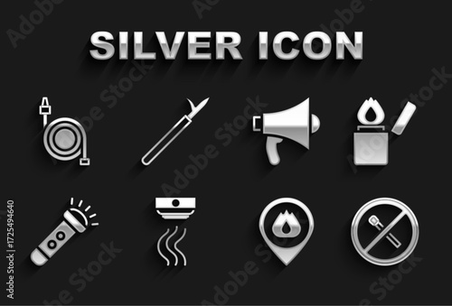 Set Smoke alarm system, Lighter, No fire match, Location with flame, Flashlight, Megaphone, Fire hose reel and Metal pike pole icon. Vector