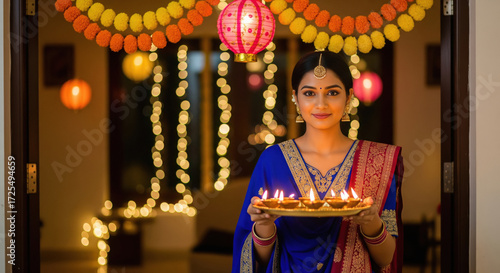 young indian woman holding oil lamps plate on diwali festival