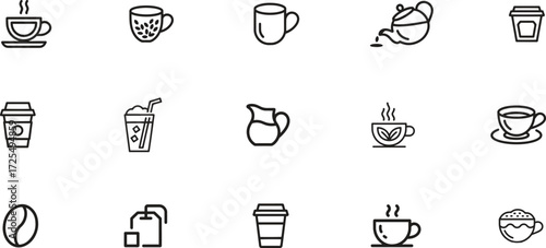 coffee and tea thin line icons set. cup, mug, kettle, drink. editable stroke. vector illustration