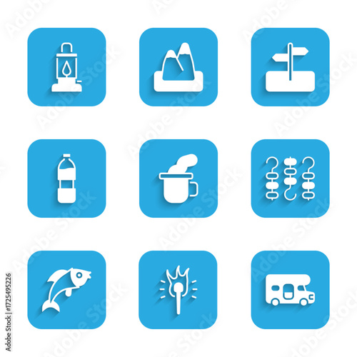 Set Cup of tea, Torch flame, RV motorhome vehicle, Grilled shish kebab on skewer, Fish, Bottle water, Road traffic sign and Camping lantern icon. Vector