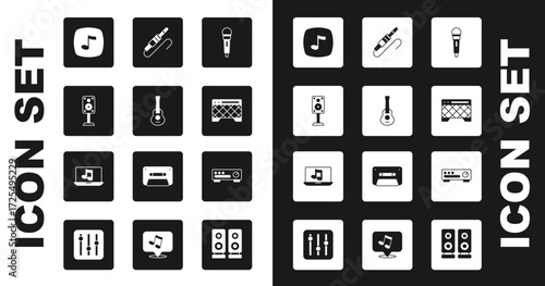 Set Microphone, Guitar, Stereo speaker, Music note, tone, amplifier, Audio jack, Sound mixer controller and Laptop with music icon. Vector