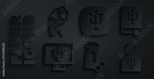 Set Sedative pills, Psychology book, Psi, Psychologist online, Psychology,, and Head with question mark icon. Vector