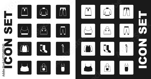 Set Pants, Handbag, Female crop top, Skirt, Sweater, Umbrella and icon. Vector