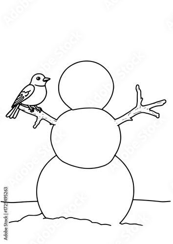Minimalist line drawing of a snowman with stick arms, a bird perched on one arm — simple, charming winter scene perfect for coloring pages, holiday cards, or cozy seasonal designs.