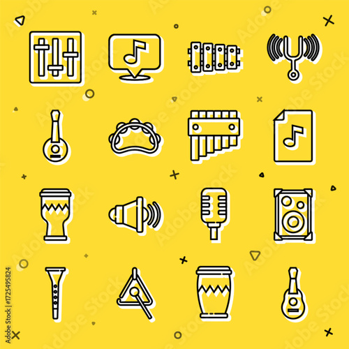 Set line Guitar, Stereo speaker, Music book with note, Xylophone, Tambourine, Banjo, Sound mixer controller and Pan flute icon. Vector