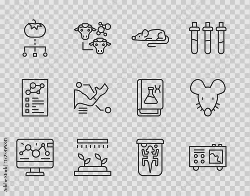 Set line Genetic engineering modification, Spectrometer, Experimental mouse, Automatic irrigation sprinklers, Genetically modified food, Prosthesis hand, animal and icon. Vector