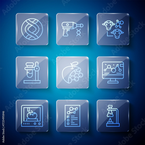 Set line 3D printing technology, Clinical record, Test tube flask on fire, Cloning, Biological structure, stand, DNA symbol and Genetic engineering modification icon. Vector