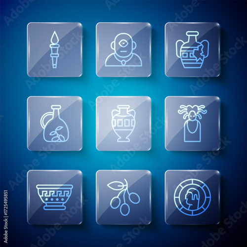 Set line Greek ancient bowl, Olives branch, Ancient coin, Broken amphorae, Bottle of olive oil, Torch flame and Medusa Gorgon icon. Vector