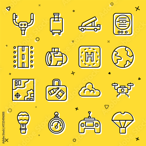 Set line Box flying on parachute, Drone, Worldwide, Passenger ladder, Jet engine turbine, Airport runway, Aircraft steering helm and Helicopter landing pad icon. Vector