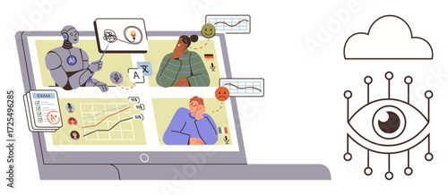 Robot analyzing user profiles, graphs, sentiment icons, and text data on laptop screen futuristic AI concept. Ideal for AI, data analysis, user behavior, technology, machine learning sentiment