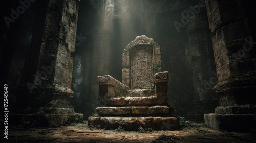 Ancient Throne in Ruins: A stone throne stands weathered and proud amidst the ruins of a classical temple, illuminated by an ethereal ray of light, hinting at the power of legacy.