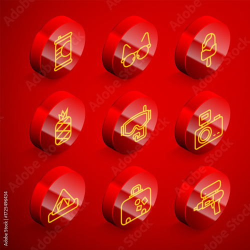 Set line Soda can, Glasses, Ice cream, Pineapple, Diving mask, Photo camera with flash, Tourist tent and Suitcase icon. Vector