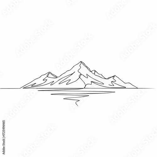 Minimalist line drawing of mountain landscape with calm water  