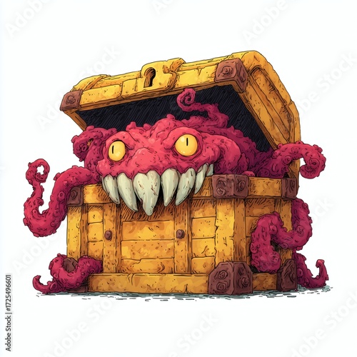 Terrifying monster with sharp teeth and tentacles emerging from an open treasure chest ready to pounce on unsuspecting adventurers