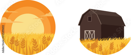 Country farm scene with barn and wheat field during golden hour