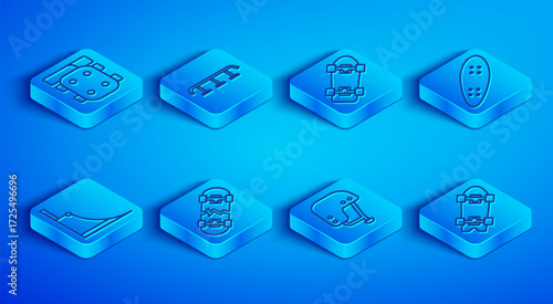 Set line Knee pads, Skateboard stairs with rail, Broken skateboard, helmet, Longboard or, park and icon. Vector