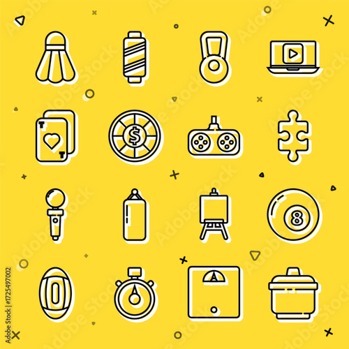 Set line Cooking pot, Billiard pool snooker ball, Piece of puzzle, Kettlebell, Casino chips, Playing cards, Badminton shuttlecock and Gamepad icon. Vector