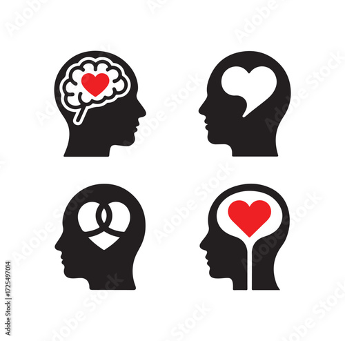 Human Head Silhouettes with Heart and Brain  Emotional Awareness, Psychology, Mindfulness and Mental Wellbeing Concept Vector Set
