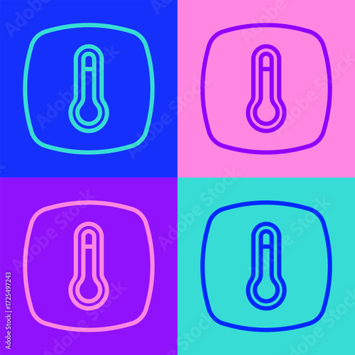 Pop art line Thermostat icon isolated on color background. Temperature control. Vector