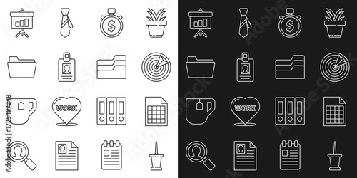 Set line Push pin, File document, Target sport, Time is money, Identification badge, Document folder, Chalkboard with diagram and icon. Vector