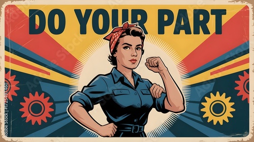 Empowering retro Rosie the Riveter style poster urging viewers to do their part, ideal for campaigns, social causes, and motivational content