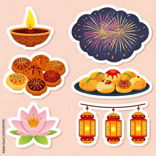 Diwali Festival Sticker Set with Traditional Diya Lamp, Sweets, Fireworks, and Lanterns