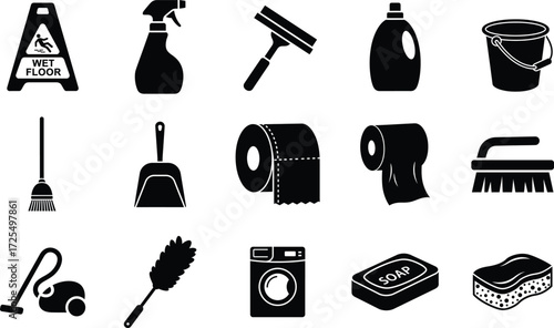 A collection of black silhouette icons depicting various cleaning supplies and household equipment.