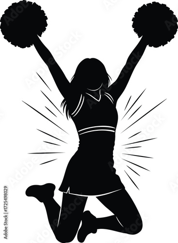 Cheerleader silhouette vector jumping with pom-poms in black and white illustration