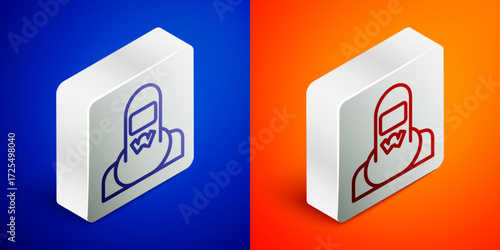 Isometric line Nuclear power plant worker wearing protective clothing icon isolated on blue and orange background. Nuclear reactor worker. Silver square button. Vector