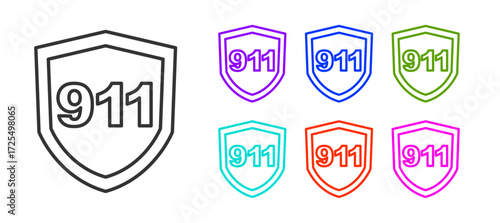 Black line Telephone with emergency call 911 icon isolated on white background. Police, ambulance, fire department, call, phone. Set icons colorful. Vector