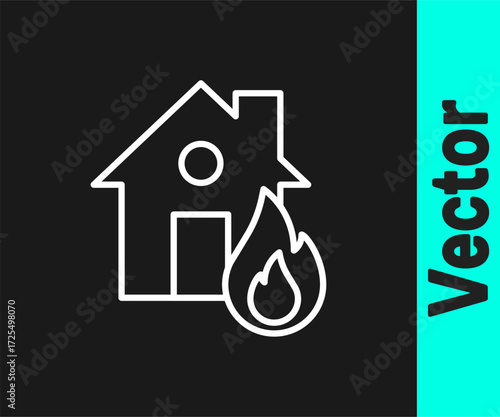 White line Fire in burning house icon isolated on black background. Vector