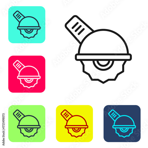 Black line Electric circular saw with steel toothed disc icon isolated on white background. Electric hand tool for cutting wood or metal. Set icons in color square buttons. Vector