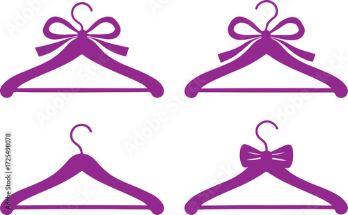 Four purple hangers with bows on a white background clothing hanger ribbon