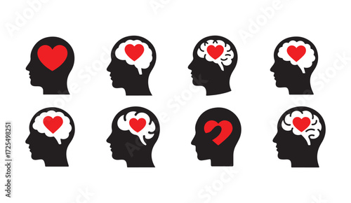 Emotional Intelligence Icon Set  Minimalist Brain and Heart Silhouettes for Psychology, Therapy, Mindfulness and Mental Health Concepts