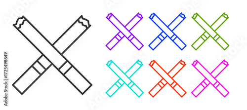 Black line Cigarette icon isolated on white background. Tobacco sign. Smoking symbol. Set icons colorful. Vector