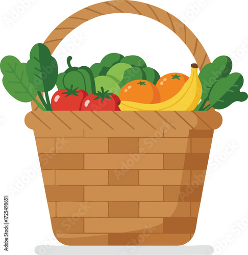 Basket full of fresh vegetables and fruits, healthy colorful produce